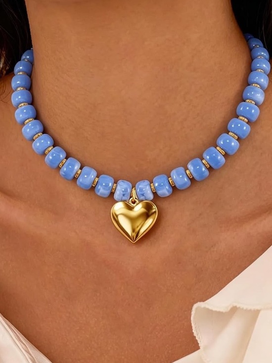Anthropologie Jewelry - Anthropologie Gold Tone Heart Pendant Blue Bead Necklace - Women Jewelry